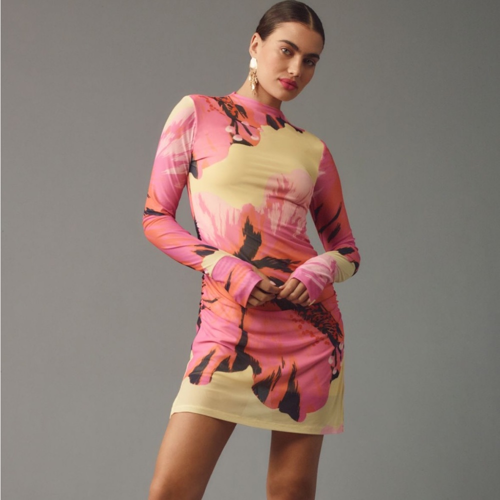 NWT Farm Rio x Anthropologie Long-Sleeve Mock-Neck Mesh Mini Dress